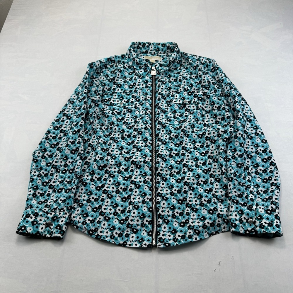 Michael Michael Kors Womens L Blue Black Floral Print Full Zip Jacket